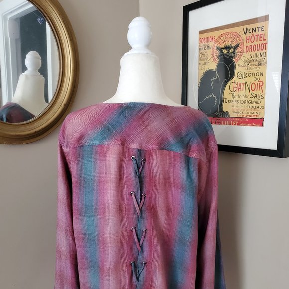 Anthro Cloth & Stone Plaid Top with Lace-Up Back M - Picture 8 of 14